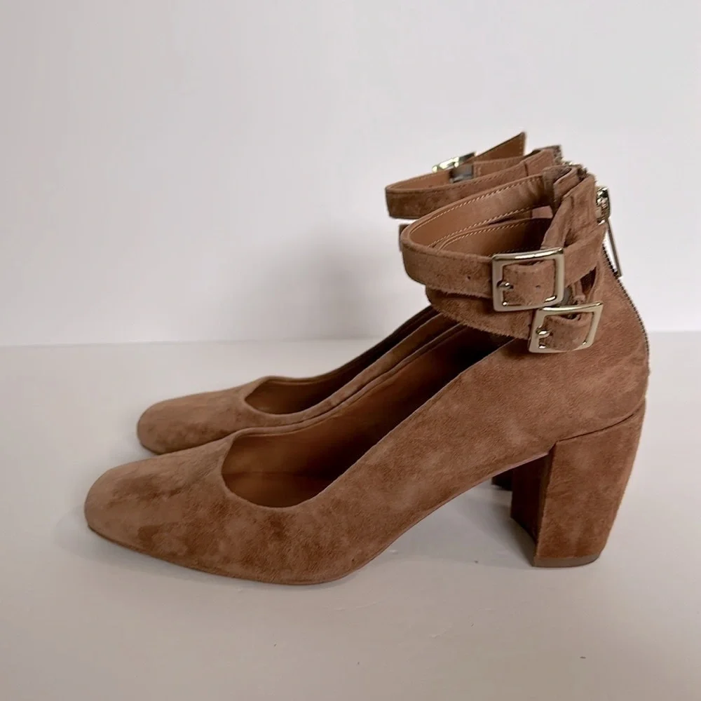 H by Halston Regina Brown Suede Block Heel with Buckle Ankle Strap Zip size 6